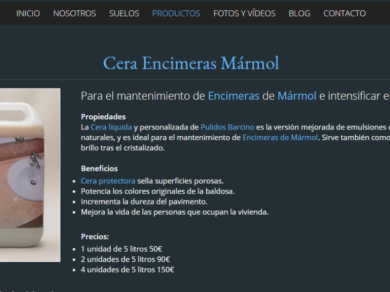 Cera para el mantenimiento de encimeras de mármol e intensificador de los colores y protección.&nbsp;Propiedades La&nbsp;Cera líquida&nbsp;y personalizada de&nbsp;Pulidos Barcino&nbsp;es la versión mejorada de emulsiones de ceras naturales, y es ideal para el mantenimiento de&nbsp;Encimeras de Mármol.&nbsp;