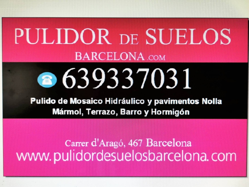 Pulidor de suelos Barcelona,&nbsp;pulido y restauración de todo tipo de superficies, antiguas y nuevas. Somos especialistas en el&nbsp;pulido, limpieza y tratamiento de suelos&nbsp;de&nbsp;mosaico Hidráulico,&nbsp;mosaico Nolla,&nbsp;mosaico Romano,&nbsp;Mármol,&nbsp;Terrazo,&nbsp;Terracota Barro Cocido,&nbsp;Piedra,&nbsp;Pizarra,&nbsp;Hormigón...