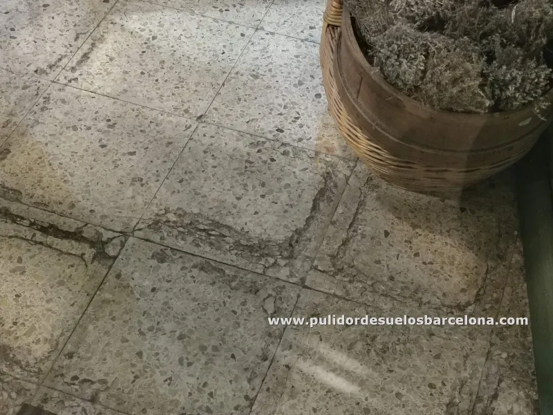 Pulido, reparación y abrillantado de terrazo en mal estado, con agujeros y rayas 35€xm2 precio.