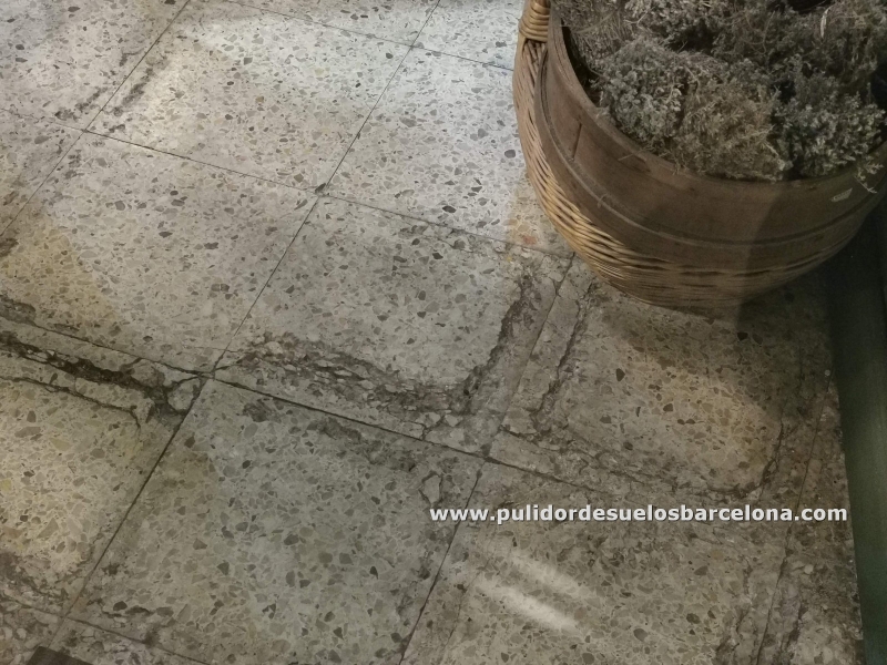 Trabajos de pulir terrazo en suelo vivienda de barcelona. Pulidores de terrazo y mármol, reparación de baldosas y enmasillado de agujeros, fisuras y grietas. Especialistas en terrazo rugoso con rayas.
